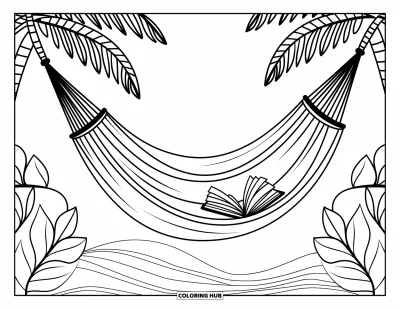 Coloriage anti-stress pour enfants : Un livre repose près d'un hamac entre de grands palmiers feuillus