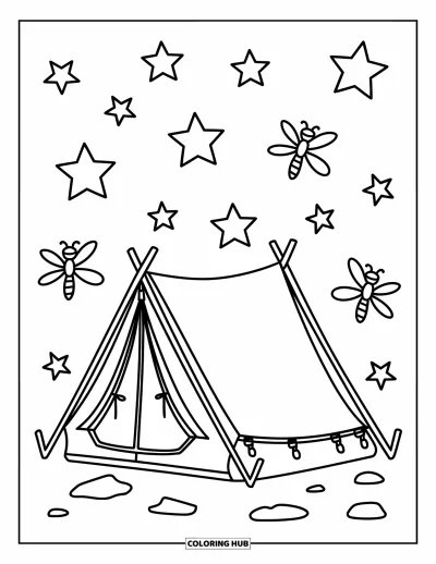 Coloriage anti-stress pour enfants : Une tente de camping repose tranquillement sous les étoiles et des lucioles flottantes
