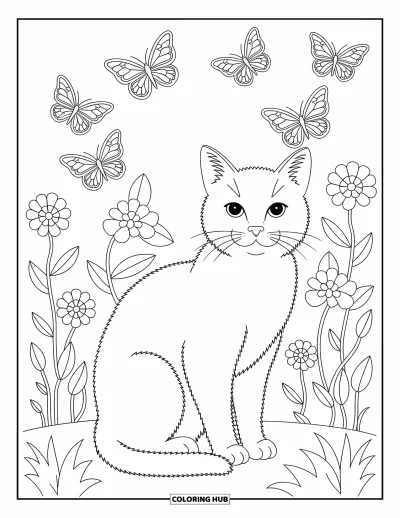 Coloriage anti-stress pour enfants : Un chat se détend dans un jardin rempli de papillons