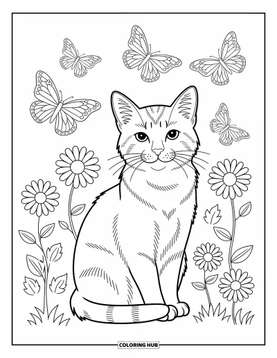 Coloriage anti-stress pour enfants : Un chat est assis paisiblement pendant que des papillons voltigent dans le jardin