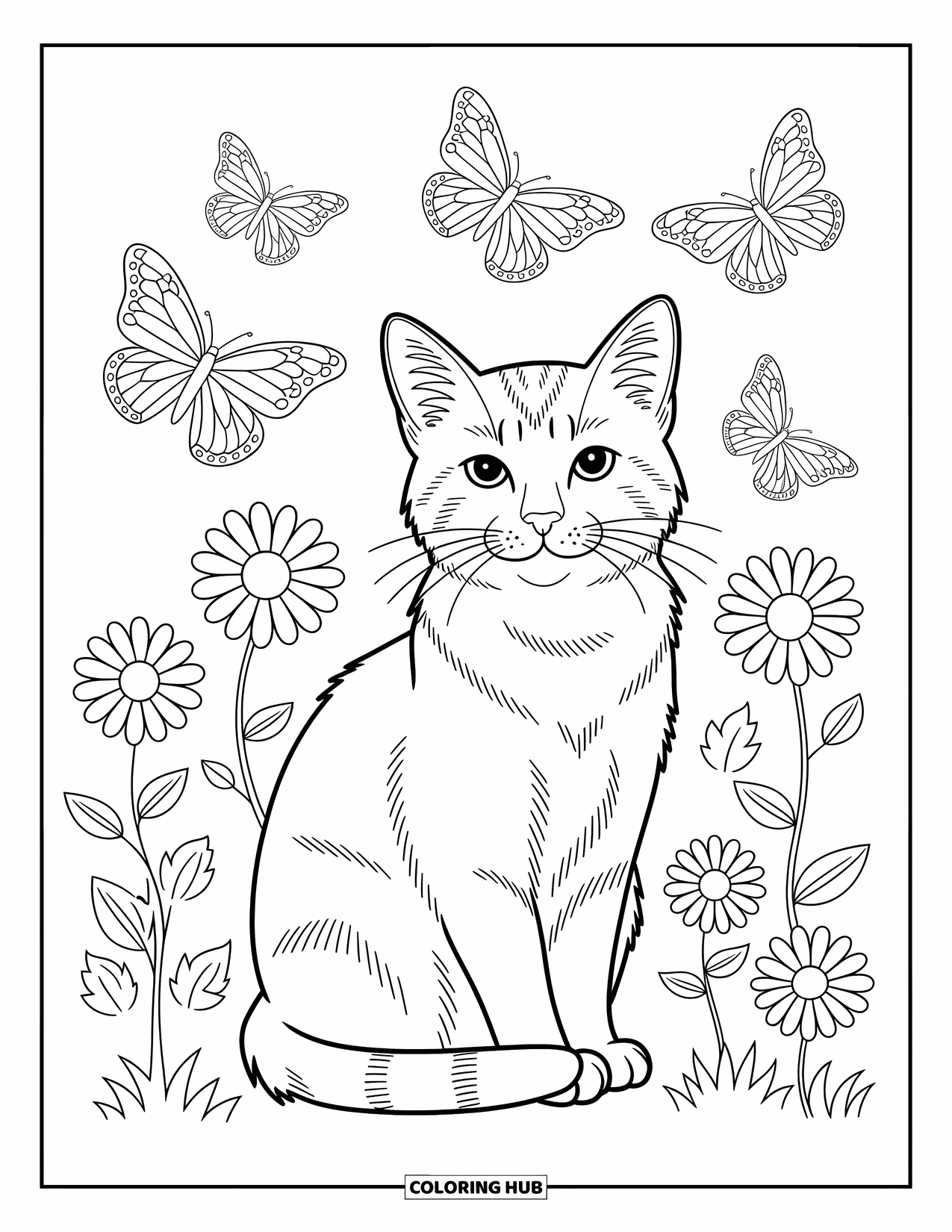Stress Relief Coloring Page for Kids: A cat sits peacefully as butterflies flutter through the garden