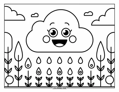 Coloriage anti-stress pour enfants : Un nuage joyeux arrose de petites pousses de jardin avec des gouttes de pluie légères