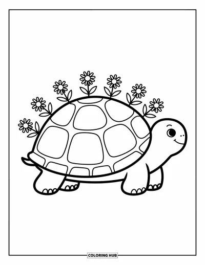 Coloriage anti-stress pour enfants : Une petite tortue marche lentement avec de minuscules fleurs sur sa carapace
