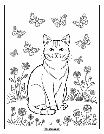 Coloriage anti-stress pour enfants : Un chat content observe des papillons dans un jardin en fleurs