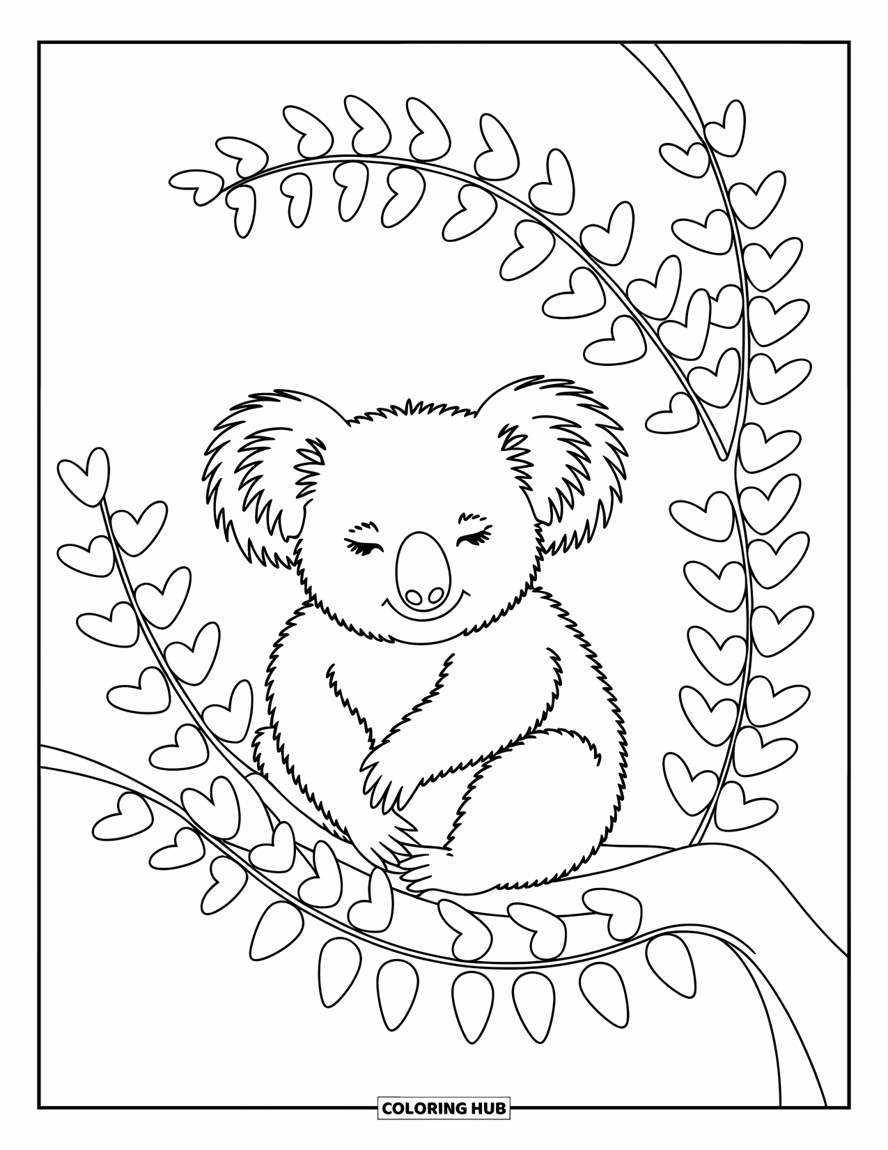 Stress Relief Coloring Page for Kids: A cozy koala relaxes on a branch with heart-shaped leaves
