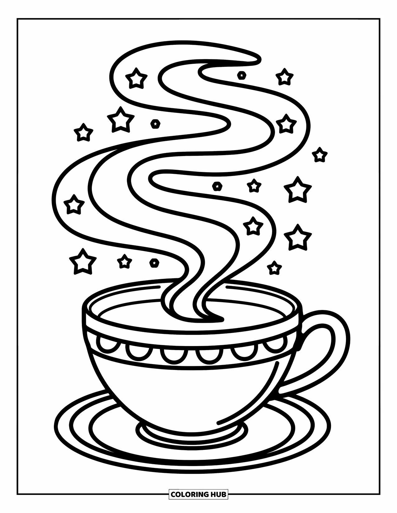 Stress Relief Coloring Page for Kids: A cozy teacup releases steam with floating stars