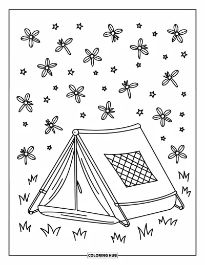 Coloriage anti-stress pour enfants : Une tente douillette brille sous les étoiles et des lucioles scintillantes