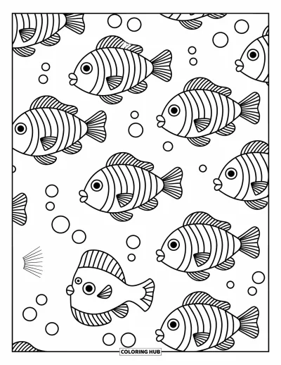 Coloriage anti-stress pour enfants : Quelques poissons amicaux glissent dans une eau bouillonnante et ondulée