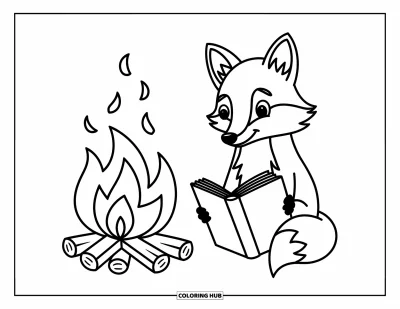 Coloriage anti-stress pour enfants : Un renard tient un livre près d'un feu de camp chaleureux