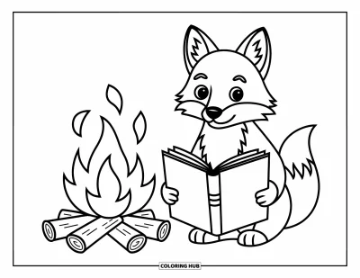 Coloriage anti-stress pour enfants : Un renard lit près d'un feu de camp sous un ciel nocturne tranquille