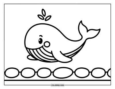 Coloriage anti-stress pour enfants : Une baleine sympathique flotte au-dessus de douces vagues océaniques