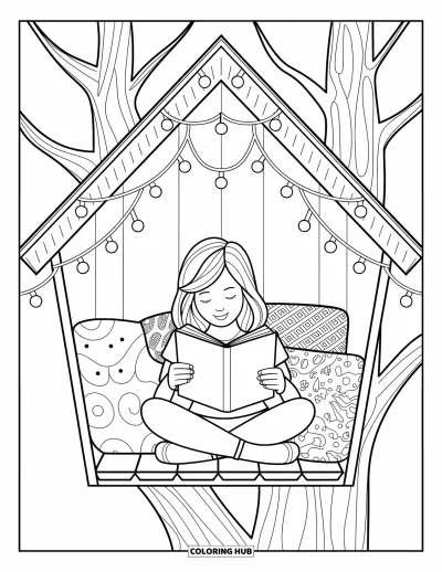Coloriage anti-stress pour enfants : Une fille lit dans une cabane dans les arbres décorée de guirlandes lumineuses