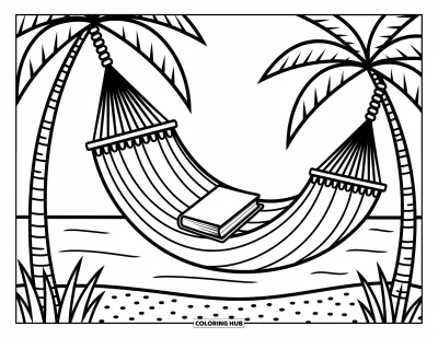 Coloriage anti-stress pour enfants : Un hamac et un livre reposent sous des palmiers avec des vagues à proximité