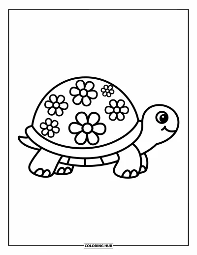 Coloriage anti-stress pour enfants : Une tortue heureuse se promène avec de petites fleurs qui s'épanouissent sur sa carapace ronde