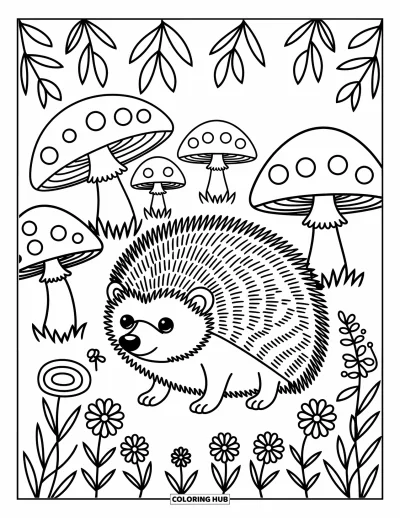 Coloriage anti-stress pour enfants : Un hérisson explore des champignons et des fleurs sauvages dans la forêt