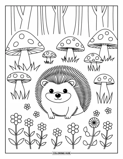 Coloriage anti-stress pour enfants : Un hérisson se repose sous des champignons dans une forêt paisible
