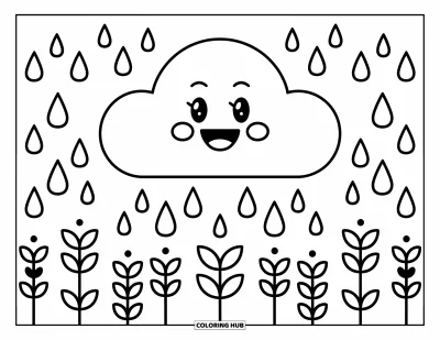 Coloriage anti-stress pour enfants : Un nuage joyeux arrose de petites plantes avec des gouttes de pluie légères