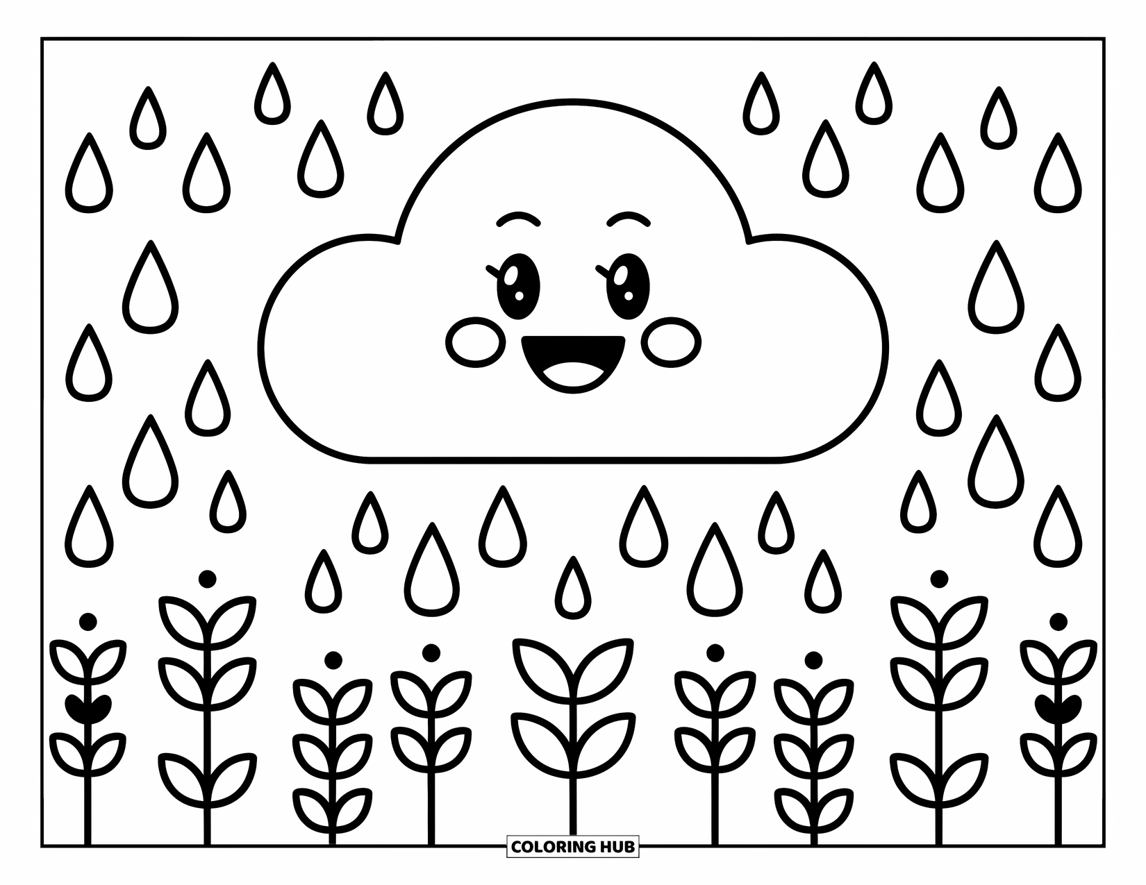 Stress Relief Coloring Page for Kids: A joyful cloud waters small plants with gentle raindrops