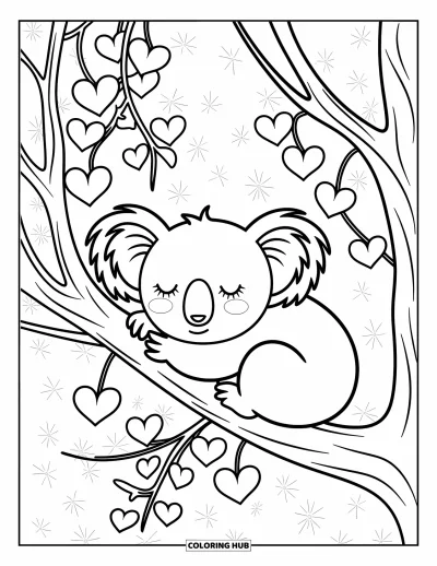 Coloriage anti-stress pour enfants : Un koala fait la sieste sur une branche d'eucalyptus avec des feuilles en forme de cœur