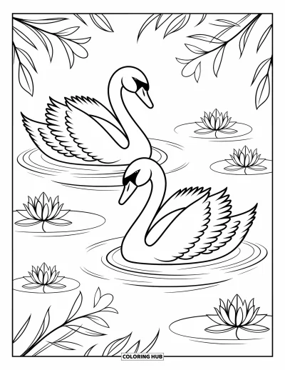Coloriage anti-stress pour enfants : Deux cygnes flottent ensemble parmi les lys d'un étang