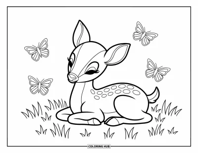 Coloriage anti-stress pour enfants : Un faon paisible repose parmi des papillons dans la prairie