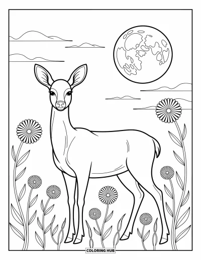 Coloriage anti-stress pour enfants : Un cerf paisible se tient parmi des fleurs sous une lune lumineuse