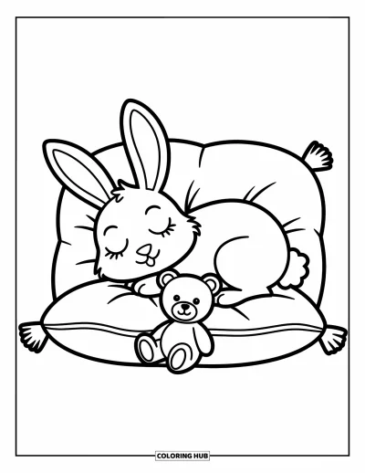 Coloriage anti-stress pour enfants : Un lapin au repos se serre contre un petit ourson