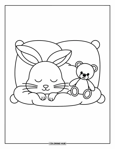 Coloriage anti-stress pour enfants : Un lapin endormi câline un ourson sur un coussin
