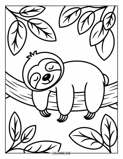Coloriage anti-stress pour enfants : Un paresseux somnolent se blottit sur une branche sous de grandes feuilles