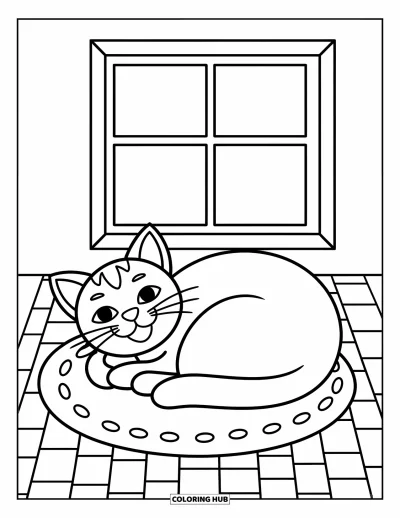 Coloriage anti-stress pour enfants : Un chat souriant fait la sieste sur un tapis confortable sous une petite fenêtre