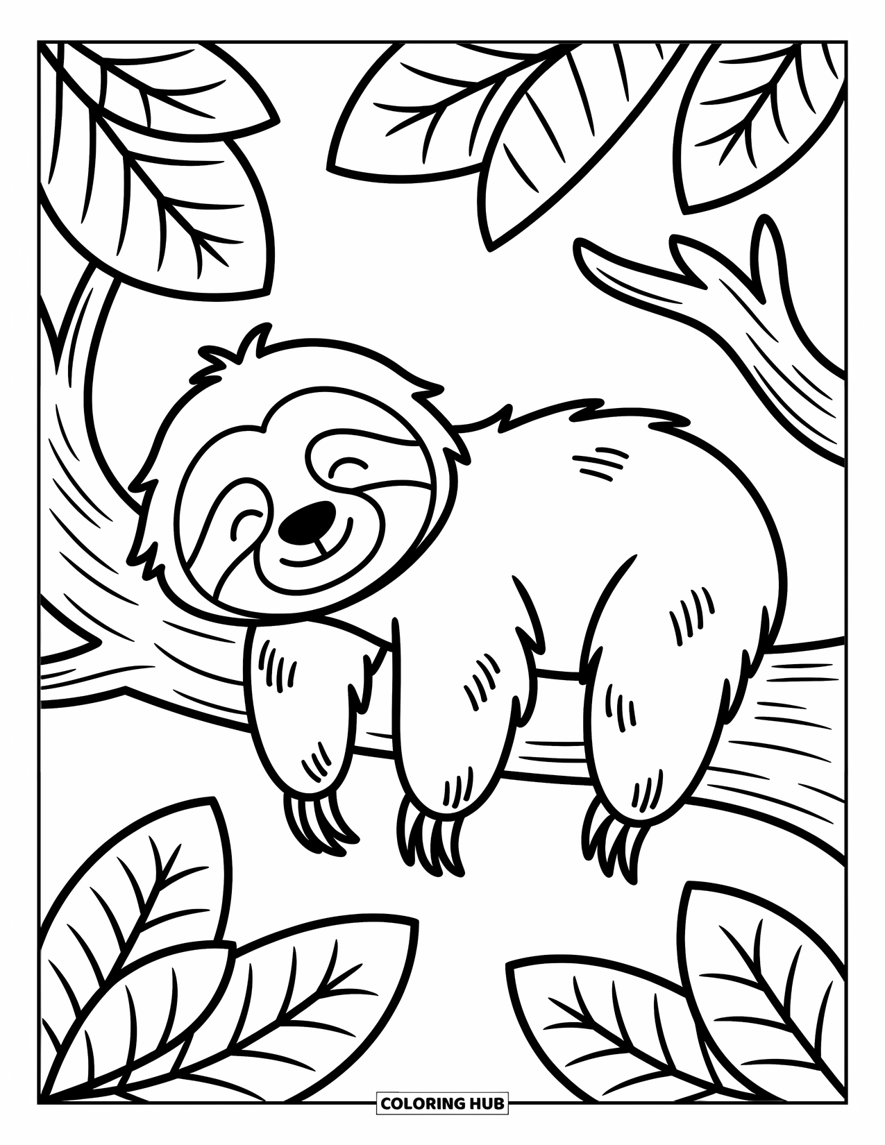 Stress Relief Coloring Page for Kids: A smiling sloth rests quietly among large leaves on a tree branch