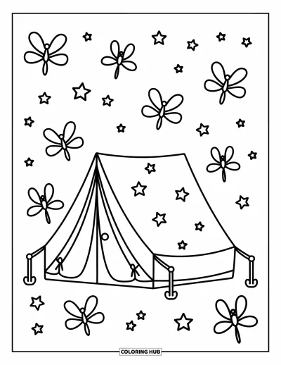 Coloriage anti-stress pour enfants : Un ciel étoilé entoure une tente avec fermetures et lumières scintillantes