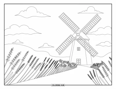 Coloriage anti-stress pour enfants : Un grand moulin tourne doucement à côté d'un champ de lavande serein