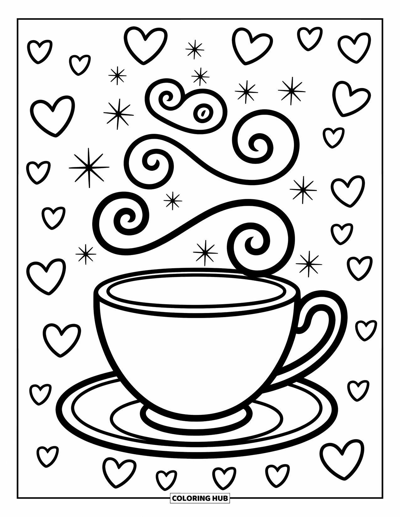 Stress Relief Coloring Page for Kids: A teacup steams cheerfully with stars in the mist