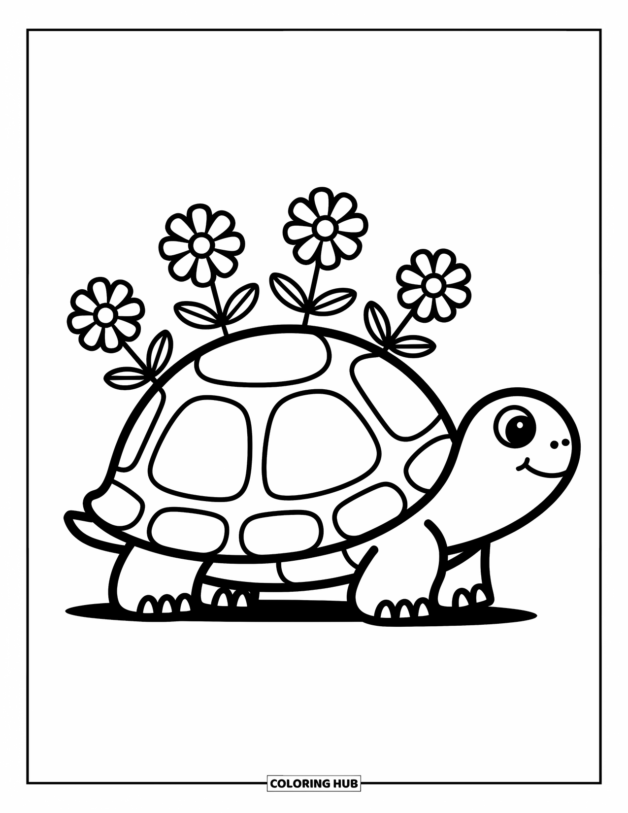Stress Relief Coloring Page for Kids: A turtle walks gently with flowers blooming brightly on its back