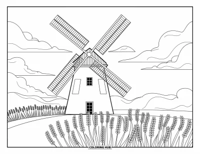 Coloriage anti-stress pour enfants : Un moulin tourne doucement au-dessus de rangées de lavande en fleurs