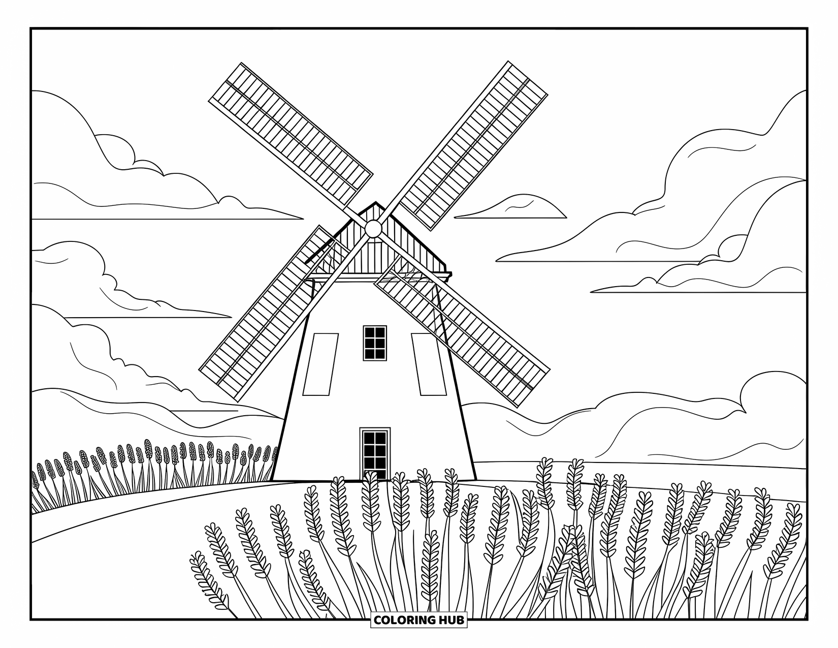 Stress Relief Coloring Page for Kids: A windmill spins softly above rows of blooming lavender