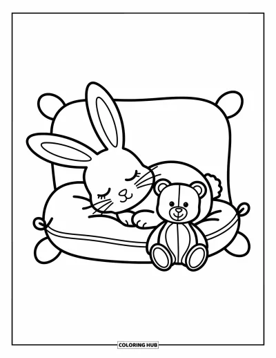 Coloriage anti-stress pour enfants : Un lapin fait la sieste avec un ourson sur un petit coussin moelleux