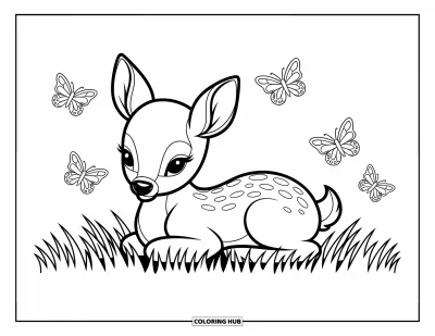 Coloriage anti-stress pour enfants : Des papillons voltigent au-dessus d'un faon qui se repose dans une prairie