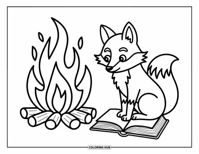 Coloriage anti-stress pour enfants : Un feu de camp brille pendant qu'un renard lit avec sa queue enroulée près de lui