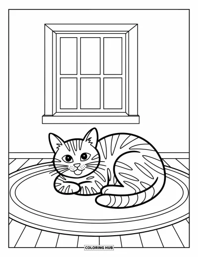Coloriage anti-stress pour enfants : Un chat fait joyeusement la sieste sur un tapis pendant que le soleil filtre par la fenêtre
