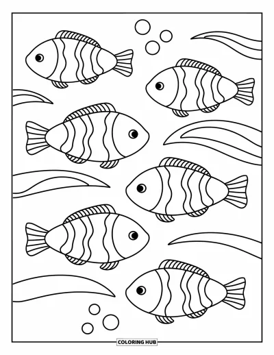 Coloriage anti-stress pour enfants : Des poissons joyeux nagent dans des vagues sinueuses avec quelques bulles douces