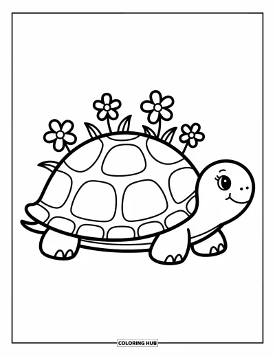 Coloriage anti-stress pour enfants : Une petite tortue se promène avec de jolies fleurs qui poussent sur sa carapace