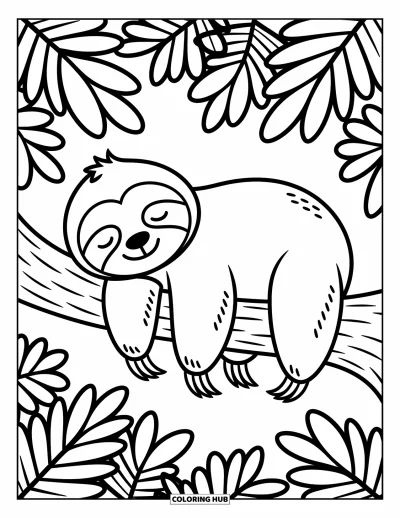 Coloriage anti-stress pour enfants : Un mignon paresseux fait la sieste dans les arbres sous de grandes branches feuillues