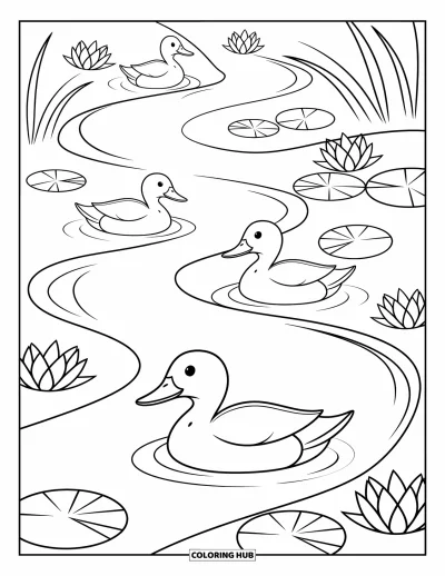Coloriage anti-stress pour enfants : Des canards et des nénuphars glissent paisiblement le long d'un ruisseau sinueux