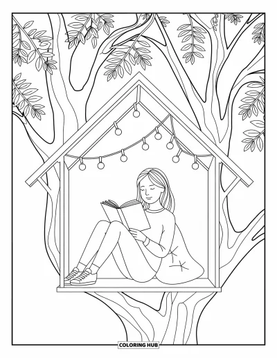 Coloriage anti-stress pour enfants : Des guirlandes lumineuses ornent une cabane dans les arbres où une fille lit tranquillement