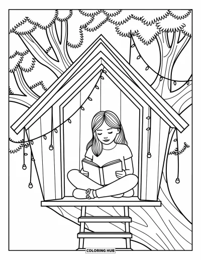 Coloriage anti-stress pour enfants : Des guirlandes brillent pendant qu'une fille lit dans sa cabane dans les arbres
