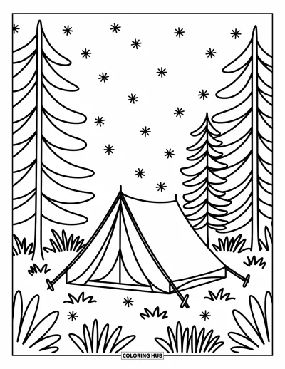 Coloriage anti-stress pour enfants : Des lucioles dansent autour d'une tente sous les arbres et les étoiles
