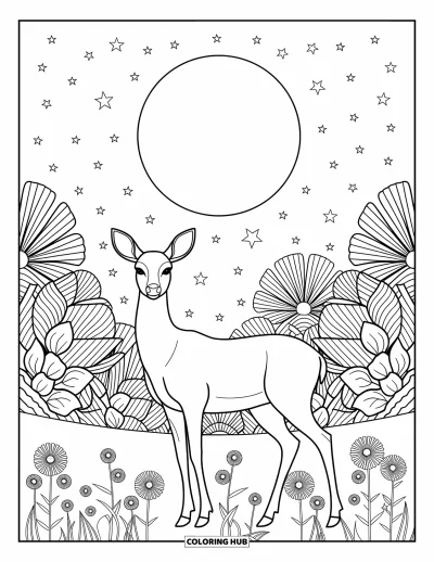 Coloriage anti-stress pour enfants : La pleine lune éclaire un cerf dans un champ de fleurs silencieux