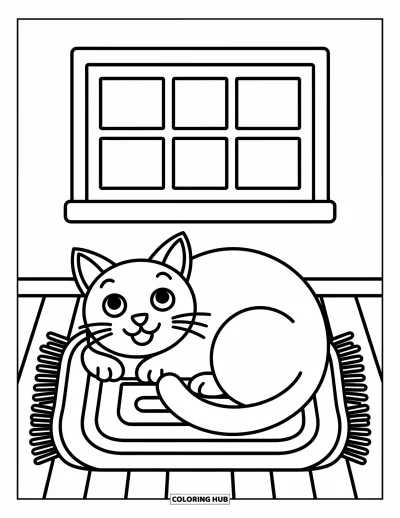 Coloriage anti-stress pour enfants : Un chat heureux se pelotonne sur un tapis moelleux sous une fenêtre lumineuse